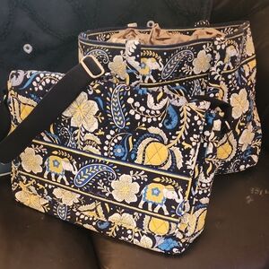 Vera Bradley VTG Ellie Blue Tote + Laptop Bag Set Elephant Paisley Floral